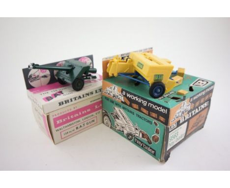 Boxed Britains 9563 Hay Baler with Hay Bales vg with vg box and inner display stand plus a boxed Britains 9720 B.A.T Gun vg w