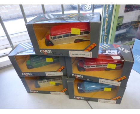 Five boxed Corgi Classics OB Coaches including Premier Travel, Crosville, South Midland, Norfolk's and Eastern Counties