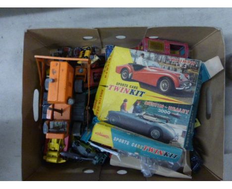 Box of play worn die cast vehicles including Corgi, Dinky, Lesney, etc, plus a boxed twin kits Austin Healey