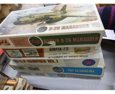 Five Boxed Airfix 72 Scale Model Kits Including B-26 Marauder, Wellington B-111, Handley Page Hampden, Catalina and BAC Canbe