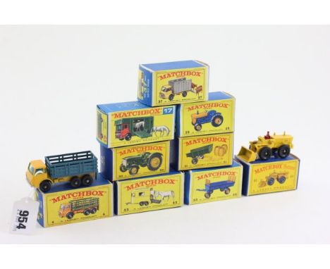 Nine boxed Matchbox Agricultural die cast vehicles including 4 State Truck, 17 Horse Box with two horses, 37 Cattle Truck wit