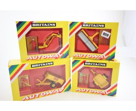 Four boxed Britains Autoway including 9831 Heavy Roller, 9832 Post-Hole Digger, 9830 Mini Trailer and 9835 Tipping Trailer al