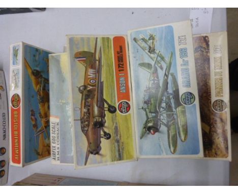 Five Boxed Airfix 72 and OO Scale Military Related Model Kits Including Bristol Blenheim IV, Arado Ar196, Leopard Tank, Avro 