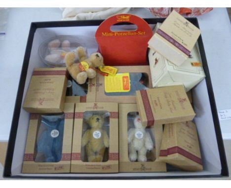 13 boxed Steiff Bears and Mini Porcelain Set including miniature club bears 1997, 1998, 19999, 2000 and 2001, 5 miniature bea