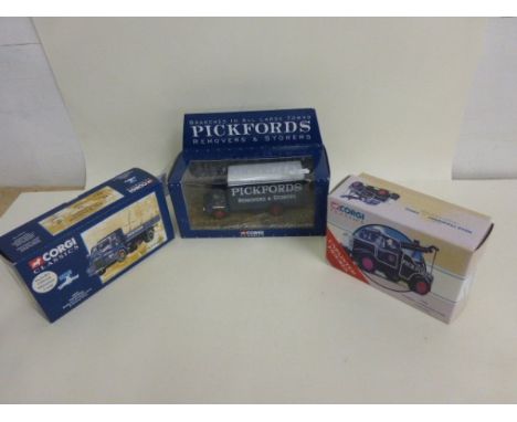 Three boxed Corgi Pickfords vehicles including 30309 Thames Trader Box Van, 20501 Bedford S Dropside Lorry & Packing Cases an