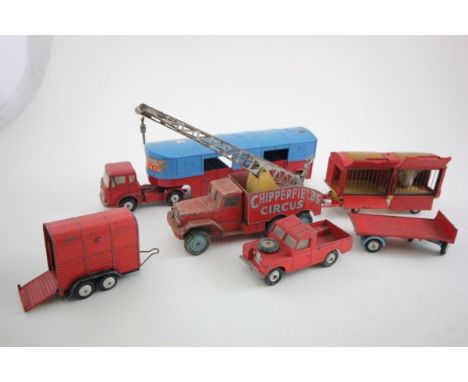 Six vintage play worn Corgi Chipperfield Circus vehicles inlcuding Articulated Horse Box, International Truck with Crane, Ani