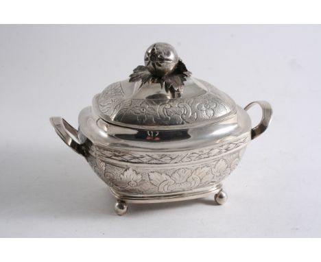 AN EARLY 19TH CENTURY MALTESE TWO-HANDLED SUGAR BOWL & COVER with ball feet, chased decoration and a fruit finial, maker's ma