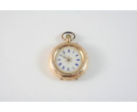 A LADY'S GOLD AND ENAMEL FOB WATCH the white enamel dial with blue Roman numerals, with engraved gold and enamel foliate and 