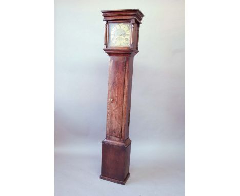 AN OAK THIRTY HOUR LONGCASE CLOCK dial brass chapter ring and crescent signed John Flewell, Lavington, case the hood flanked 