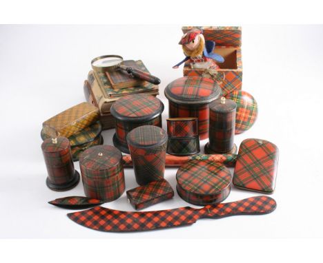 MAUCHLINE TARTAN WARE: A collection of seventeen pieces including a McPherson needle case and a Prince Charles snuff box  (22