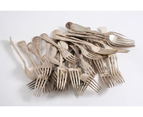 A MIXED LOT: Six various antique table forks, twenty four various dessert forks and a plated fish fork, the majority with Reg