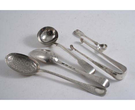 A MIXED LOT: A George III Fancy-back table spoon with a scroll motif below the drop, initialled "WC", by Robert Sallam, Londo