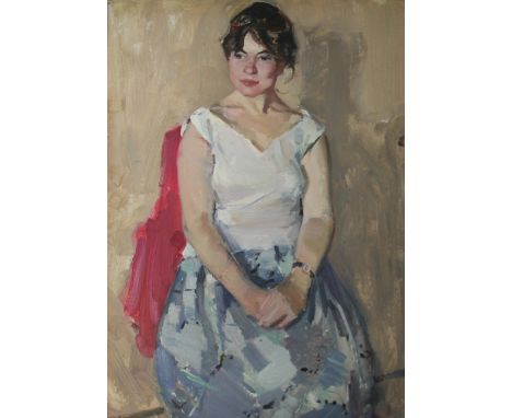 EVGENY HOROSHILOV (b.1930; Fl.c.1962) PORTRAIT OF A YOUNG WOMAN, c.1962 Oil on board 88.5 x 48.5cm. Provenance: The artist's 