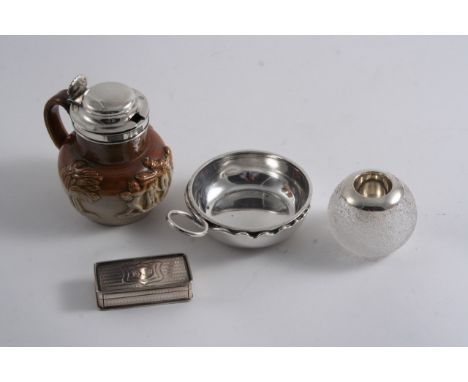 A MIXED LOT: A VICTORIAN MOUNTED SALT-GLAZED STONEWARE MUSTARD POT a mounted glass vesta ball, a wine taster & a small Victor