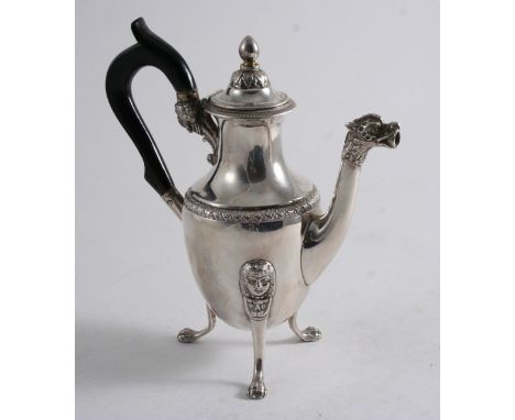 A LATE 18TH / EARLY 19TH CENTURY SMALL ITALIAN COFFEE POT on three mask & paw legs with a vase-shaped body, a dragon-mask spo