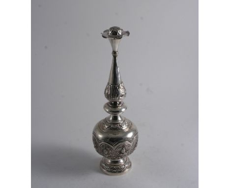 A 20TH CENTURY INDIAN ROSE WATER SPRINKLER of baluster form with embossed decoration & flower finial, unmarked;  11.7"  (29.8
