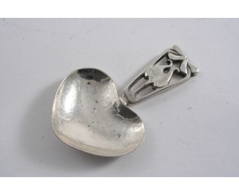 AN ART NOUVEAU PLATED CADDY SPOON with a kidney-shaped bowl & an openwork stem, signed "A. Edward Jones Ltd.", c. 1910;  3.5"