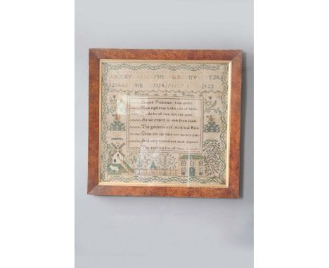 A NEEDLEWORK SAMPLER worked with the alphabet, numerals, a verse, squirrels, a windmill and a mansion, by Elizabeth Teatley, 