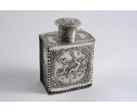 A CONTINENTAL EMBOSSED TEA CADDY of panelled form with crimped borders & a pull-off measuring cap, English import marks for L