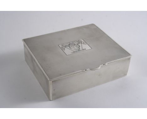AN ART DECO CIGARETTE BOX  of oblong form with engine-turned decoration, crested, by Mappin & Webb, Birmingham 1935 (cedar wo