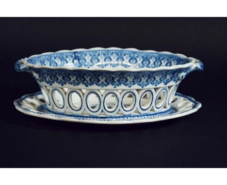 A PAIR OF SPODE BLUE AND WHITE PRINTED BASKETS AND STANDS blue mark, stand 9ins. (23cms.) wide