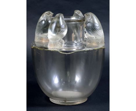 LALIQUE VASE - BELLECOUR a large Lalique vase in the Bellecour design, the frosted glass vase designed with four birds around