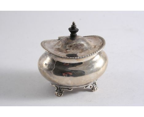 A LATE VICTORIAN TEA CADDY of bellied oval form on four scroll & paw feet, domed cover & gadrooned border, by H. Atkin, Sheff