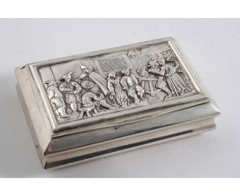 A WILLIAM IV LARGE OBLONG SNUFF BOX with concaved plain sides, the cover with a relief plaque depicting a busy tavern scene, 
