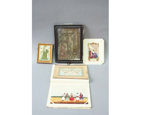 AN ALBUM OF NINE INDIAN MICA PAINTINGS of views and figures, 4 1/2ins. (11.5cms.) x 6 1/2ins. (16.5cms.), together with a Heb