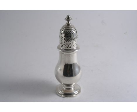 A GEORGE II LARGE PLAIN CASTER of baluster form with a circular foot & a knop finial, by Samuel Wood, London 1743;  8"  (20.5