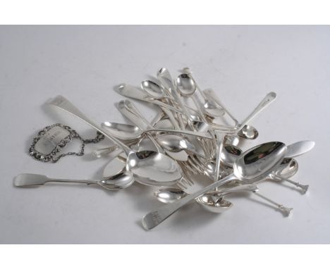 MISCELLANEOUS FLATWARE: Eleven various tea spoons, five various forks, three small butter knives, a small ladle, a jam spoon,