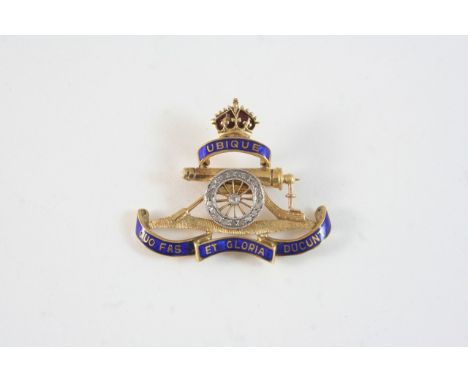 A DIAMOND AND ENAMEL REGIMENTAL BROOCH FOR THE ROYAL ARTILLERY set with rose-cut diamonds and with blue and red enamel, in go