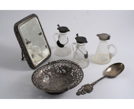 A MIXED LOT: A George III swing-handled bonbon dish, marks worn London 1763, a Victorian dressing table mirror with easel sta