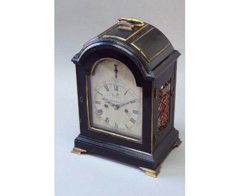 AN EBONISED MANTEL CLOCK dial silvered, signed Webster, London, strike/silent dial to the arch, movement anchor escapement, s