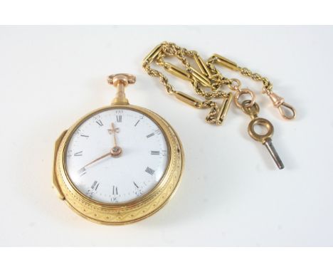 AN IRISH 18TH CENTURY 22CT. GOLD PAIR CASED VERGE POCKET WATCH the white enamel dial with Roman numerals, the movement signed