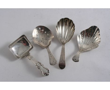 A GEORGE III CADDY SPOON with a pierced bowl, a Victorian caddy spoon with an oblong bowl and two other George III caddy spoo