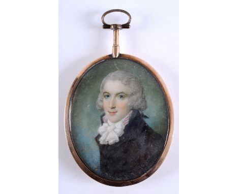FRENCH SCHOOL EARLY 19TH CENTURY A miniature portrait of a young gentleman wearing striped shirt & black jacket, head & shoul