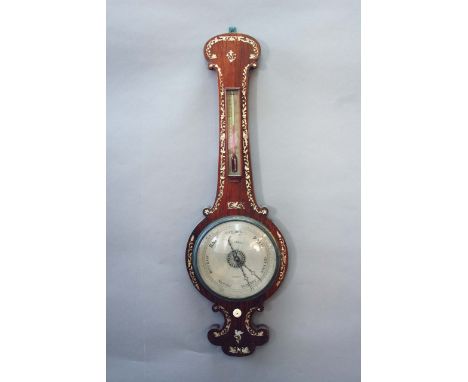 A ROSEWOOD WHEEL BAROMETER the dial engraved J & N Aprile, Sudbury, the case set with an alcohol thermometer and inlaid with 