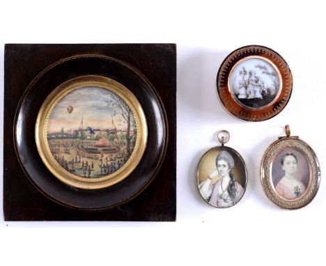 FRENCH SCHOOL A view of the ascent of a balloon (Ascention) at Lyon on ivory;  7.5 cms dia., (indistinctly signed ?Royer),  a