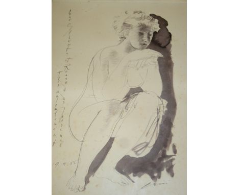 •HANS ERNI (b.1909) NUDE STUDY Signed, inscribed vertically on left Tres Amicalement/Pour Gilberte et Renaud de Jouvenel, dar