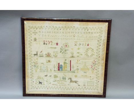 A CONTINENTAL NEEDLEWORK SAMPLER worked with buildings, animals and plants, dated 1838, 20ins. (51cms.) x 21 1/2ins. (54.5cms