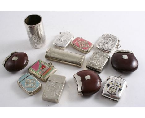 TEN VARIOUS PLATED / BASE METAL VESTA CASES (including three mounted nuts & some with enamel), cylindrical holder for long ve