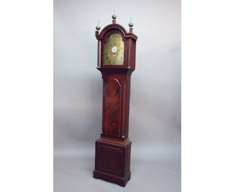 A MAHOGANY LONGCASE CLOCK dial brass signed Jonson, Devonport, silvered seconds dial and calendar crescent, the arch with a d