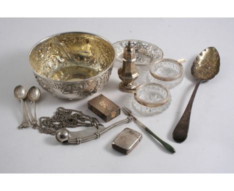 A MIXED LOT: An Edwardian embossed circular dish by J. Wakely & F.C. Wheeler, London 1907, a pair of small German mounted gla