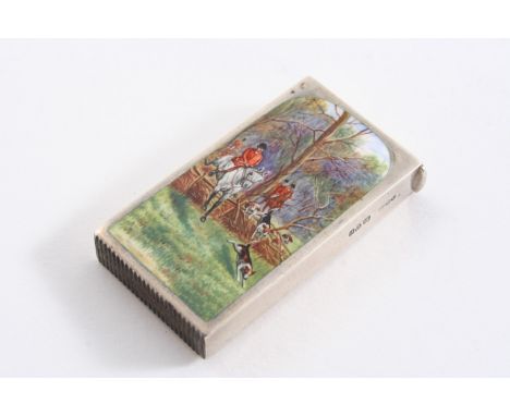 AN EDWARDIAN VESTA CASE of plain oblong form, enamelled on the front in polychrome with a fox hunting scene, by Sampson Morda