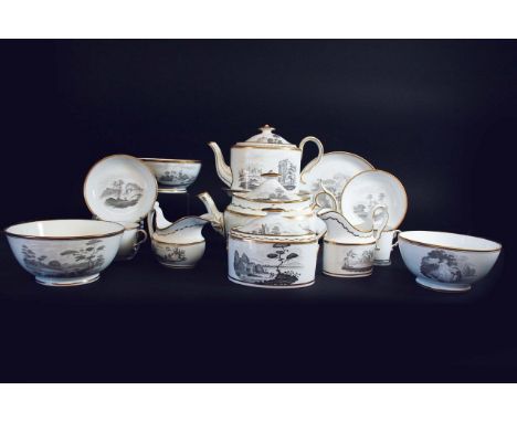 TWO SPODE PART TEA SERVICE each piece sepia printed with rural views, pattern no. 557, comprising: oval teapot, cover and sta