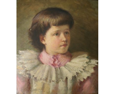 F** NORMAN (Fl.c.1896) PORTRAIT OF A GIRL IN A PINK AND WHITE DRESS Signed and dated 1896, oil on canvas 45 x 40cm. ++ Small 