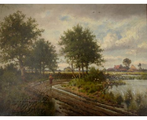 JOSEPH PAULMAN (Fl.c.1880-1900) THE LANE BY THE LAKE; FISHERMAN BY A LAKE A pair, both signed, oil on canvas Each 29.5 x 39.5