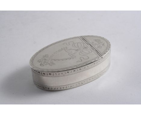 A GEORGE III BRIGHT-CUT OVAL SNUFF BOX with a vacant shield cartouche on the cover &amp; a vacant cartouche on the base, no m