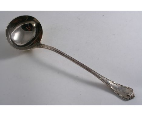 A VICTORIAN STRAIGHT TUDOR PATTERN SOUP LADLE crested (twice), by George Adams, London 1852;  13.5"  (34.5 cms) long;  8.9 oz